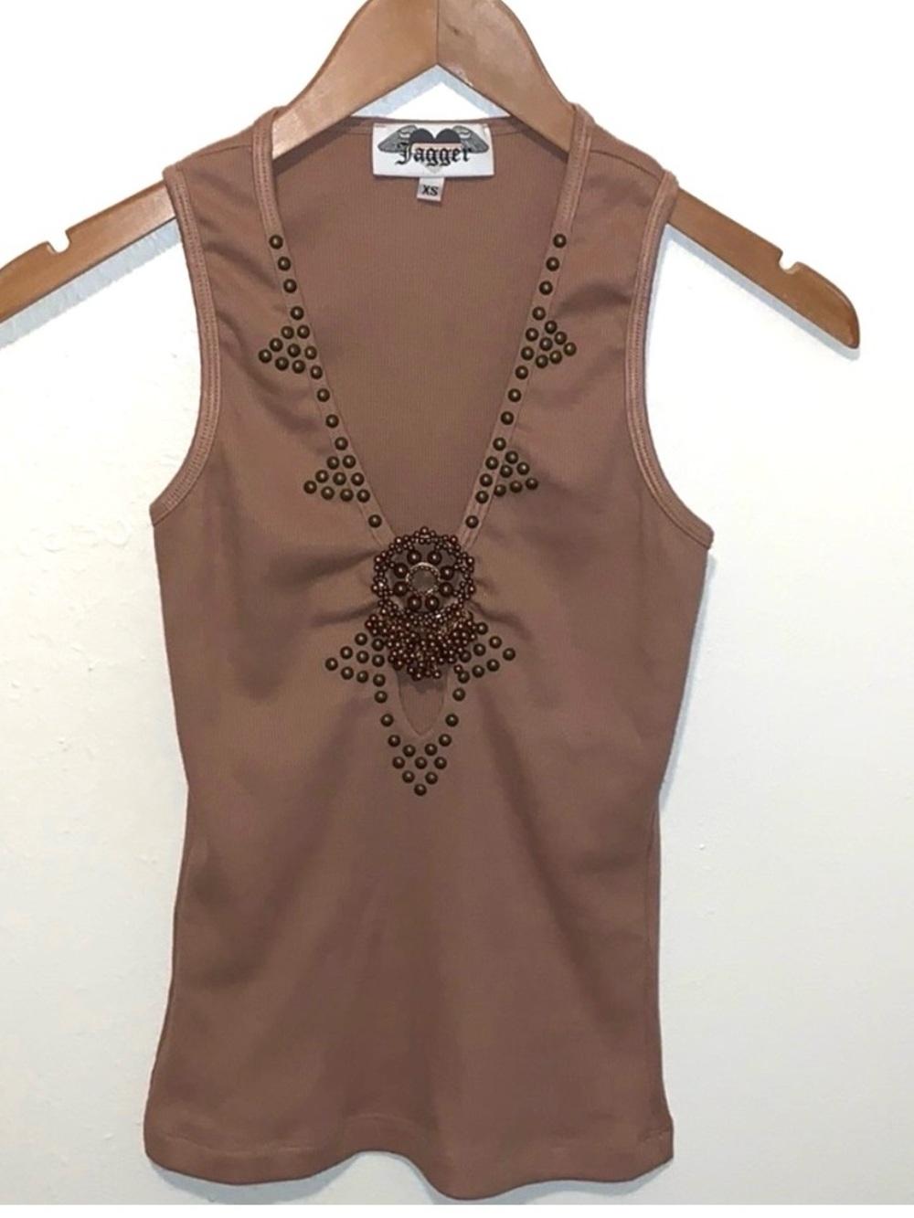 Jagger 90’s Y2K Vintage Jewel Beaded Tank Top Deep V Plunge Ribbed Mocha XS